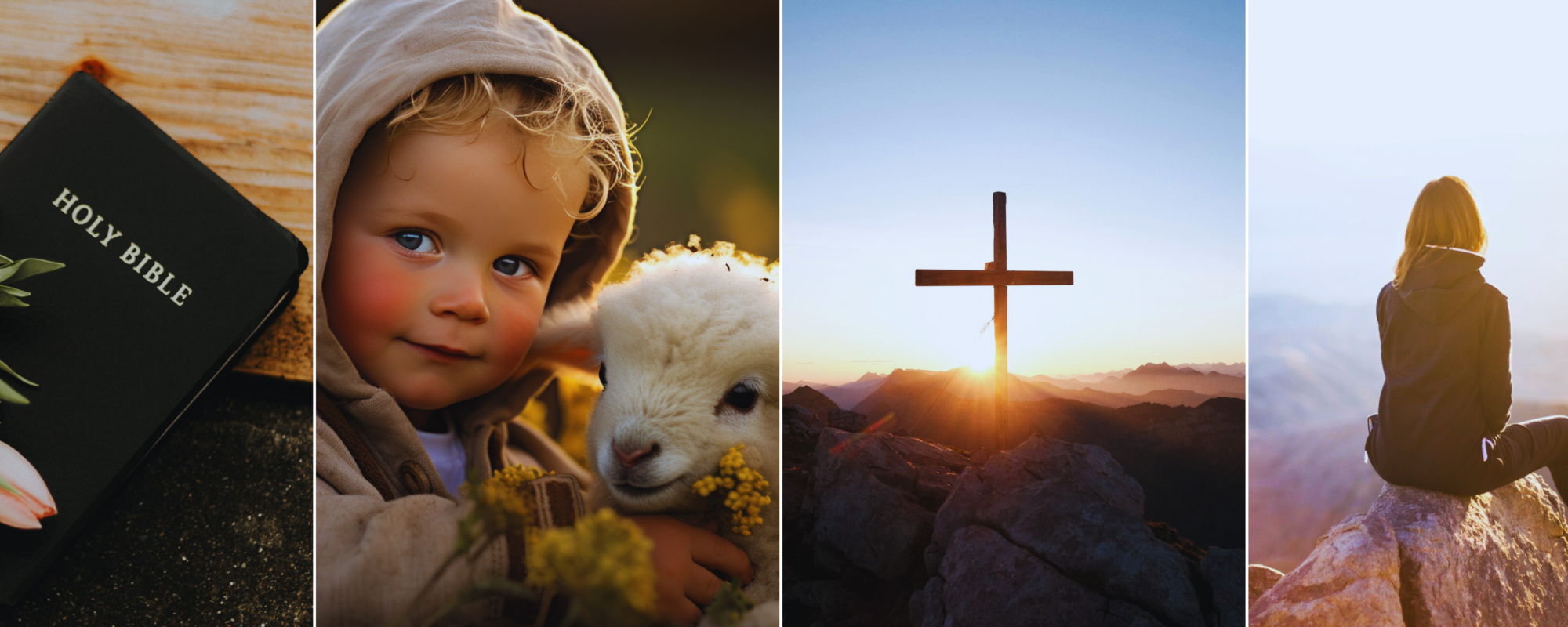 Bible and Little boy with lamb and Cross Mountain view